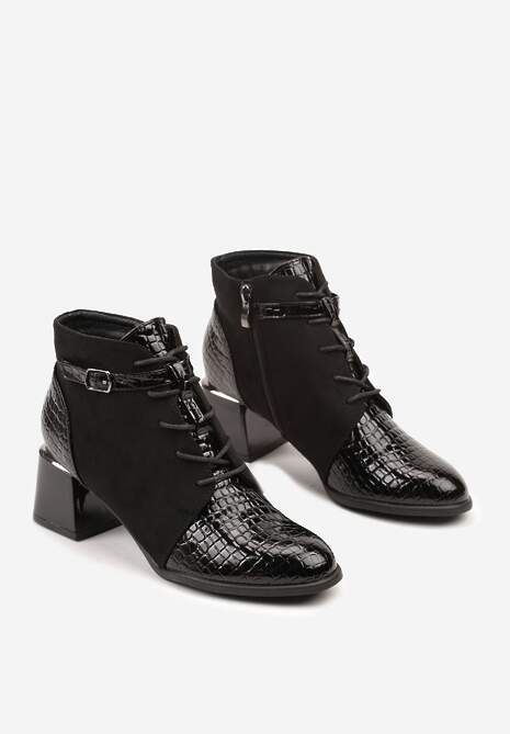 Czarne Botki Vices Typu Trzewiki na Słupku z Lakierowanymi Wstawkami i Klamrą Madvira