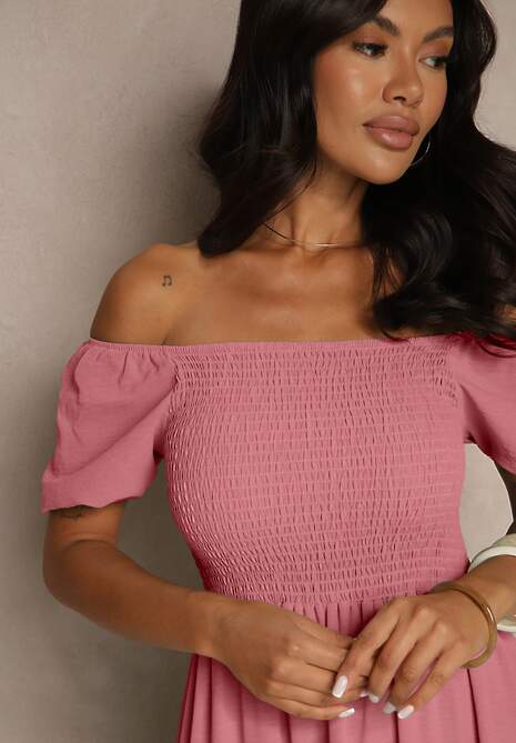 Ciemnoróżowa Sukienka Hiszpanka z Marszczoną Górą Lumirielle