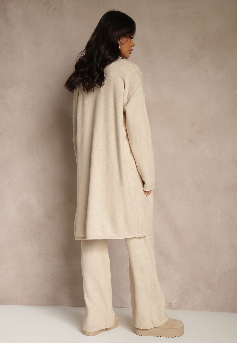 Jasnobeżowy Komplet z Dzianiny z Wełną Długi Kardigan Kamizelka i Spodnie Netivia