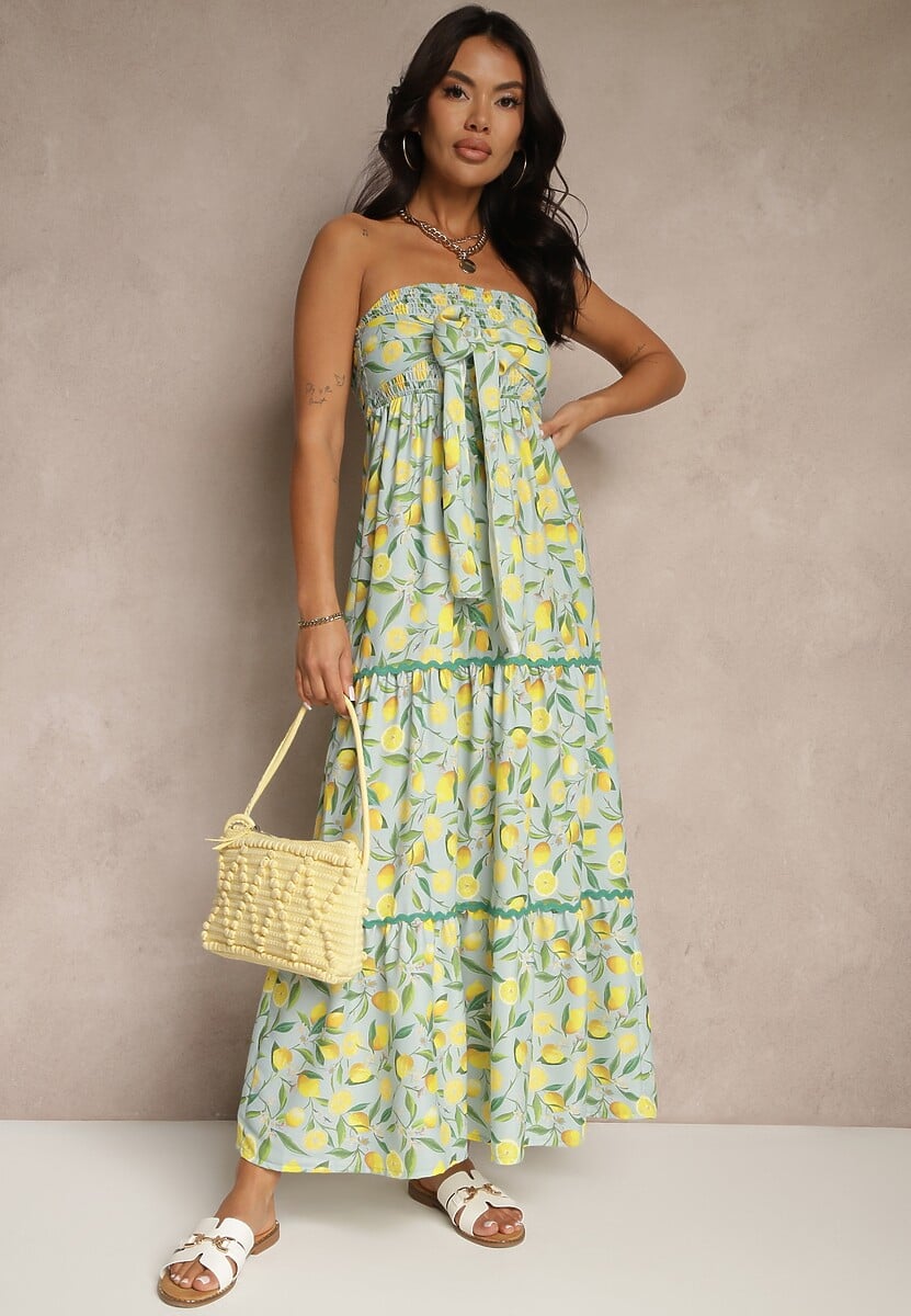 Ciemnozielona Sukienka Ozdobiona Kokardą i Motywem Cytryn Galionea