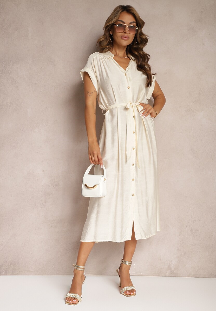 Beżowa Rozkloszowana Sukienka o Koszulowym Kroju Ozdobiona Paskiem w Talii i Guzikami Rosofia
