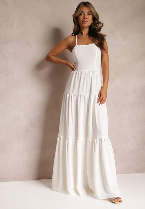 Biała Rozkloszowana Maxi Sukienka z Falbankami i Wiązaniem na Tyle Karins