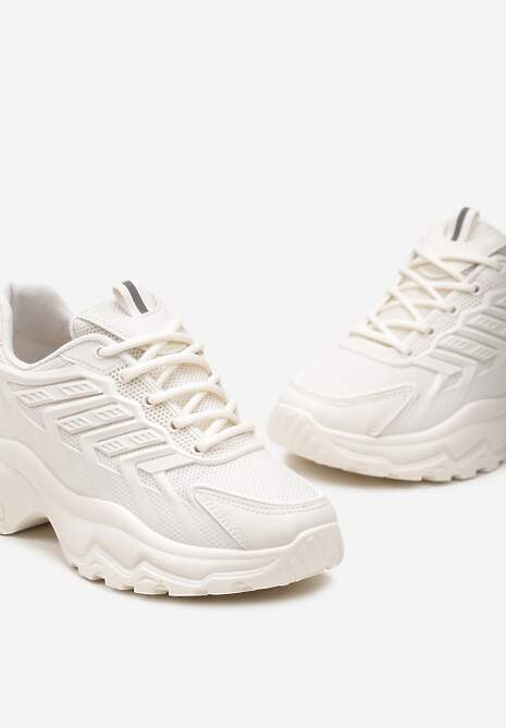 Beżowe Sneakersy na Tłoczonej Podeszwie z Siateczkowymi Wstawkami Amrogia