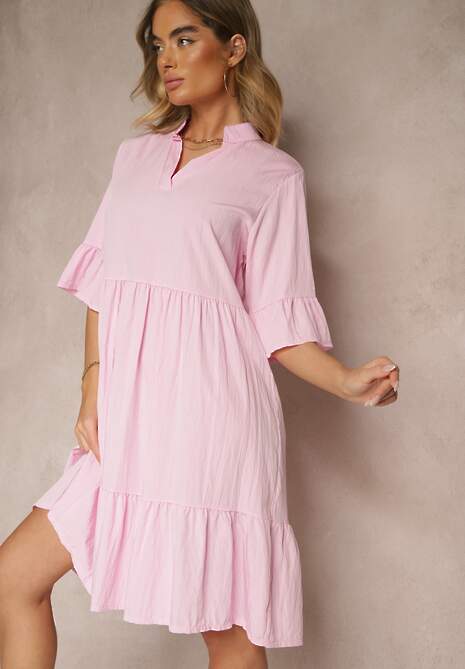 Różowa Rozkloszowana Sukienka z Wiskozą i Falbanami Eviranna