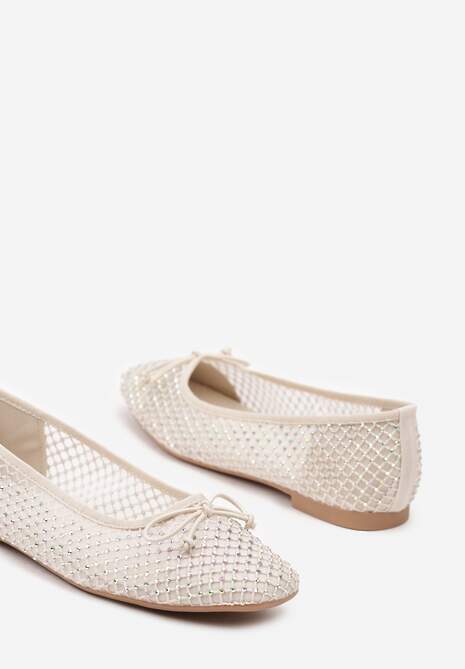 Beżowe Siateczkowe Balerinki z Delikatnymi Cyrkoniami i Kokardką Senirithra