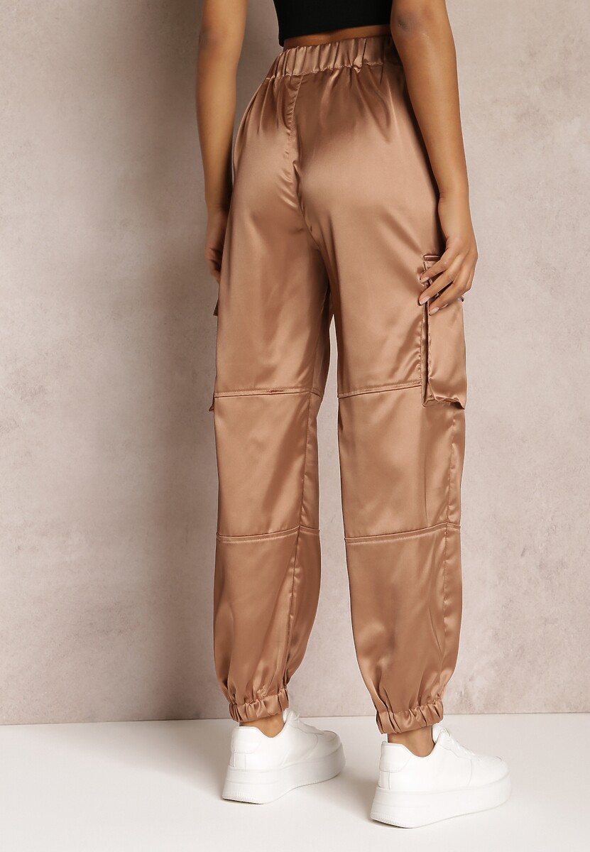 Ciemnobeżowe Spodnie Joggery z Kieszeniami Cargo na Rzep Jeandal