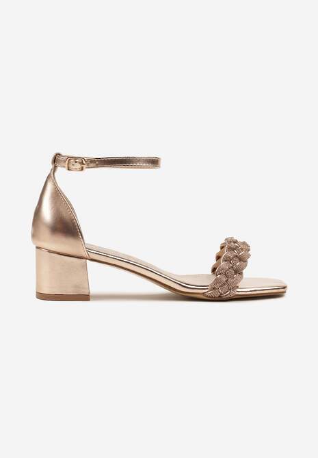 Szampańskie Sandały na Słupku z Wkładką ze Skóry Naturalnej Ozdobione Cyrkoniami Vevelessa