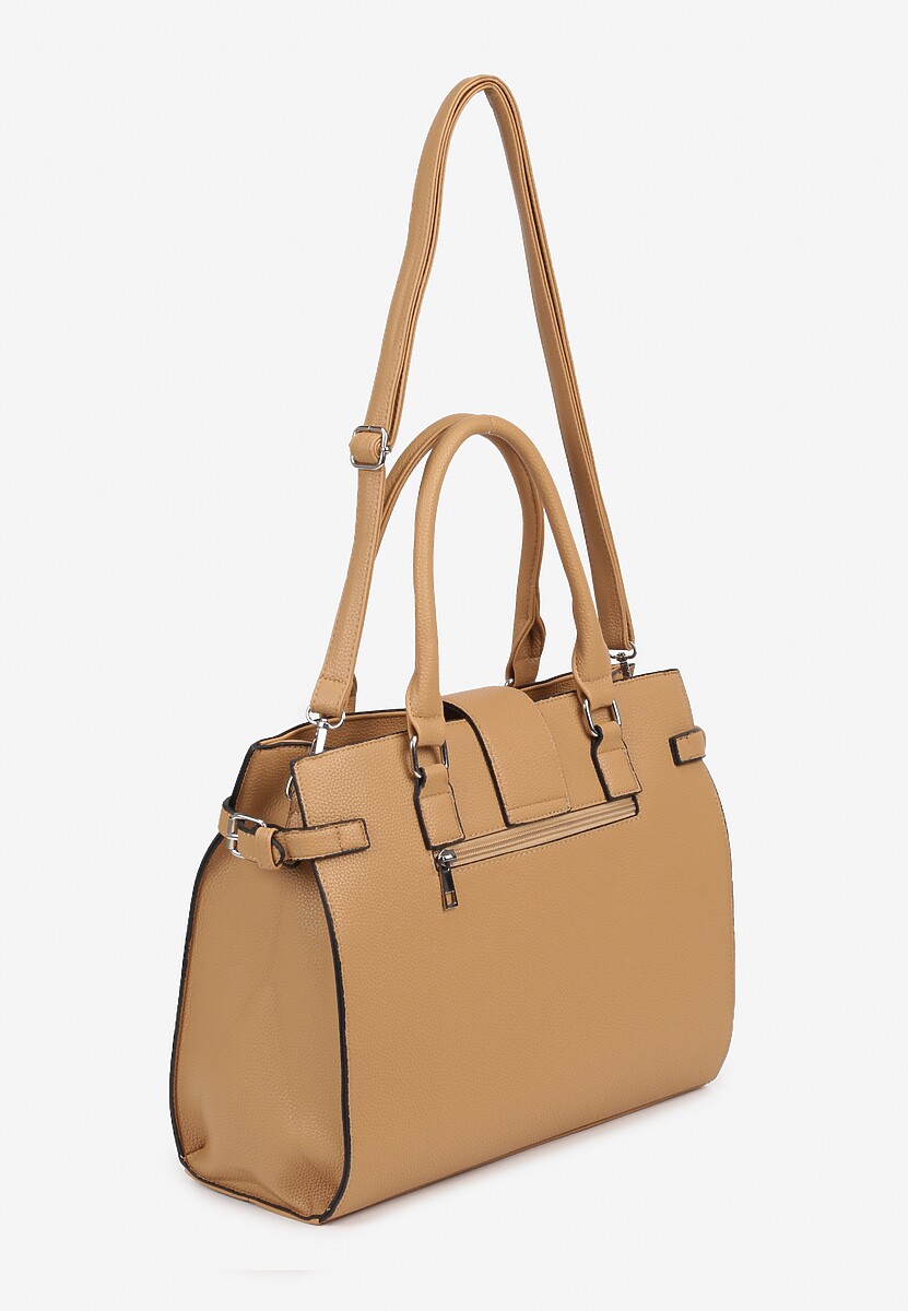 Ciemnobeżowa Torebka Ozdobiona Klapą i Metaliczną Wstawką Jonavia