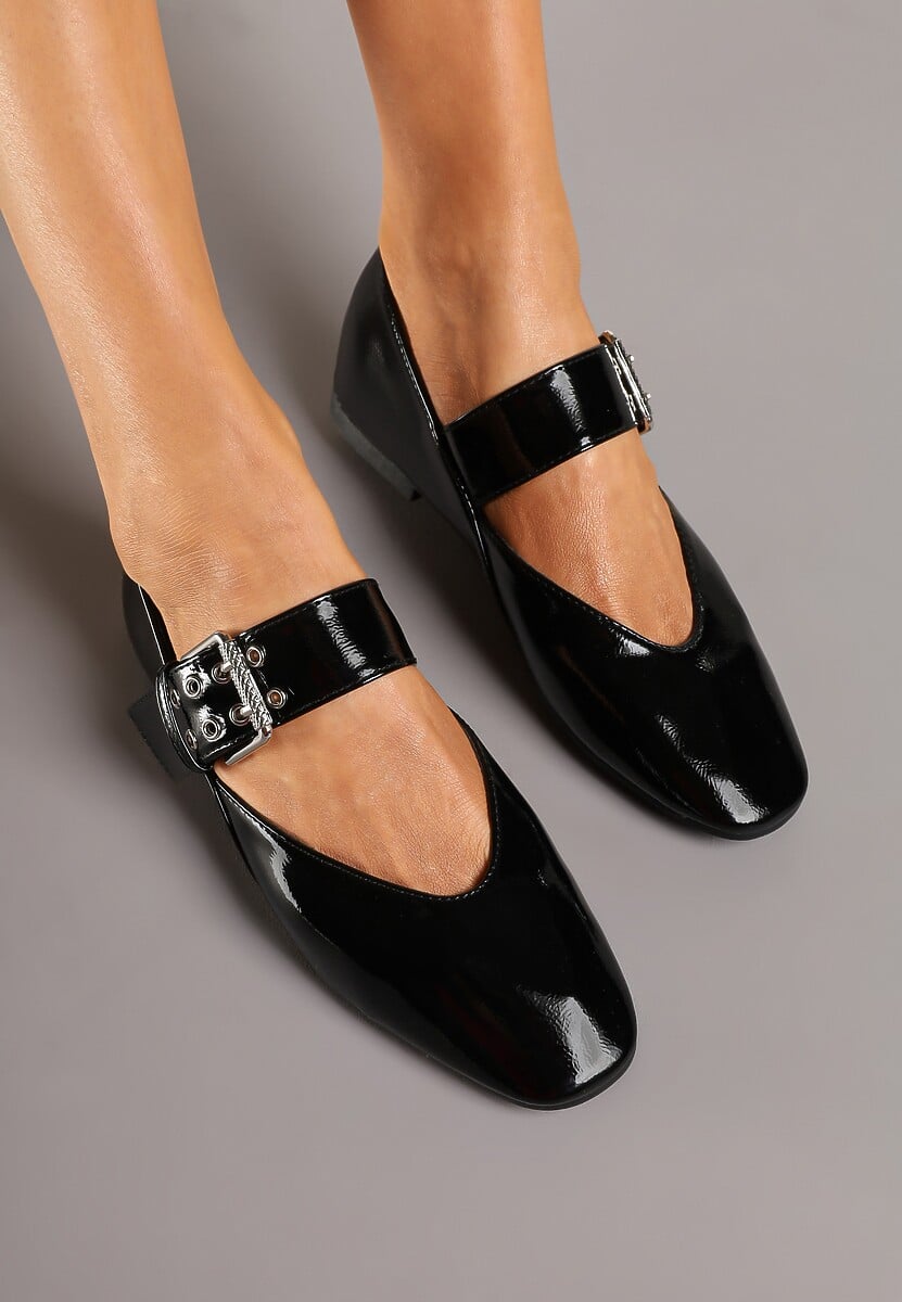 Czarne Balerinki Ozdobione Paskiem i Sprzączką Berimida