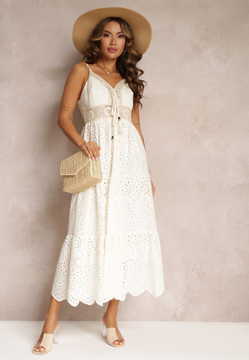 Biała Haftowana Sukienka z Bawełny na Cienkich Ramiączkach Ozdobiona Cekinami Helatia