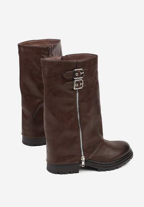 Brązowe Botki z Wywiniętą Cholewką Zdobioną Suwakiem i Sprzączkami Eevea