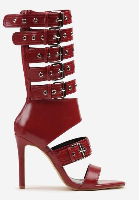Czerwone Sandały Botki na Obcasie Zdobione Paskami ze Sprzączkami Idamirea