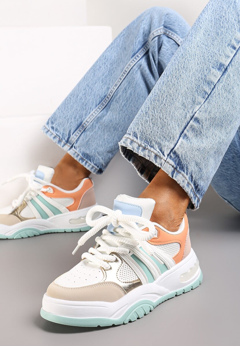 Biało-Pomarańczowe Sneakersy na Grubej Podeszwie z Brokatem Lenema