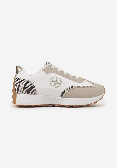 Beżowo-Białe Sneakersy z Zeberkowym Zdobieniami i Delikatnym Haftem Alisella
