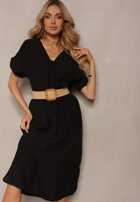 Czarna Sukienka z Wiskozy z Trójkątnym Dekoltem i Paskiem z Plecionki Diremia