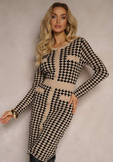 Beżowo-Czarna Sweterkowa Sukienka z Wiskozą w Pipetkę w Eleganckim Stylu Delassea