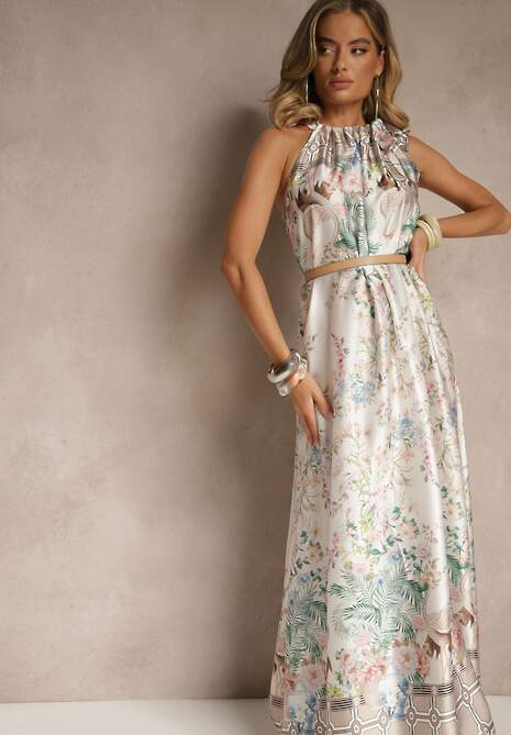 Biała Sukienka z Satyny Zdobiona Kwiatowym Wzorem i Wiązaniem Fenalesa