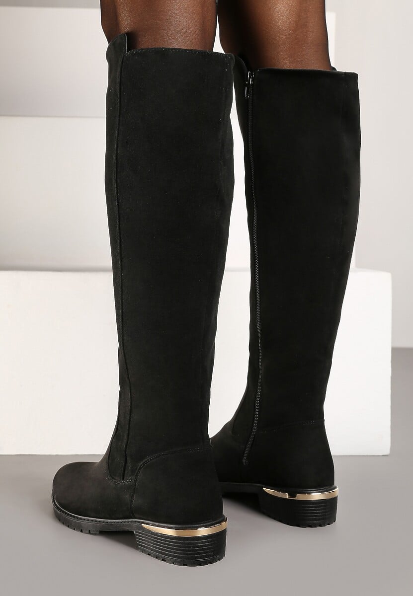 Czarne Kozaki Przed Kolano z Luźną Cholewką i Płaską Podeszwą Prado
