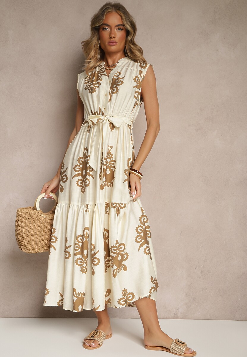 Jasnobeżowa Wiskozowa Sukienka o Rozkloszowanym Kroju z Wiązanym Paskiem Mirasela