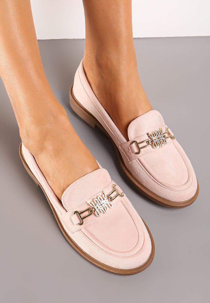 Różowe Mokasyny z Imitacji Zamszu Ozdobione Metaliczną Klamrą i Cyrkoniami Leoxa