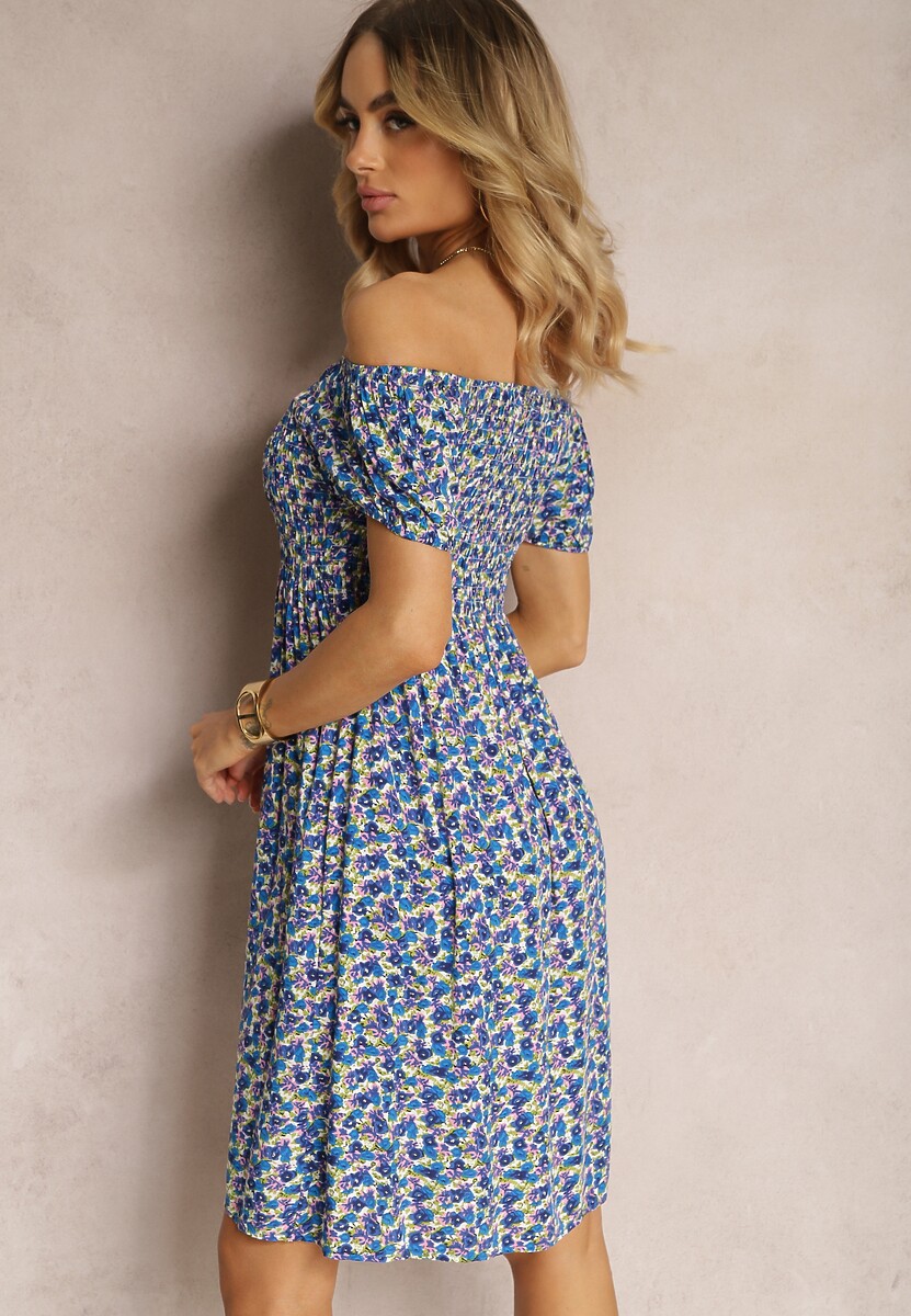 Granatowa Sukienka Typu Hiszpanka z Wiskozy z Gumkami w Talii Wiariana