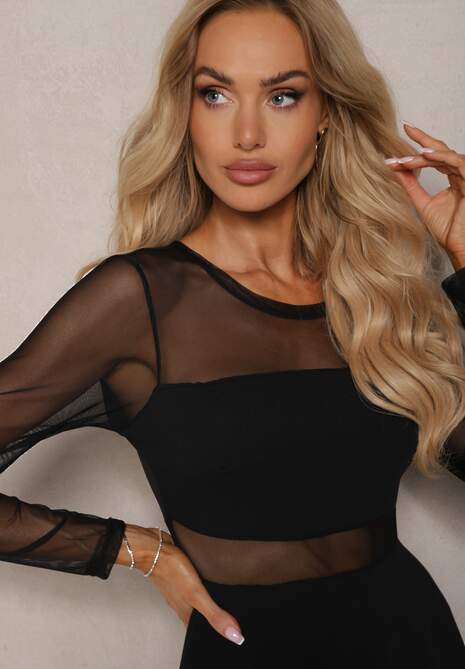 Czarna Mini Sukienka Rozkloszowana z Siateczką Perintema