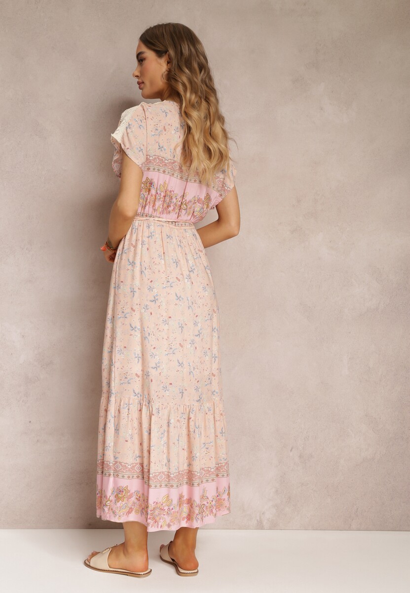 Jasnoróżowa Rozkloszowana Sukienka Maxi z Gumkami w Pasie z Bawełny Besie
