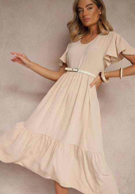 Jasnobeżowa Rozkloszowana Sukienka z Wiskozą w Casualowym Stylu Filarenna