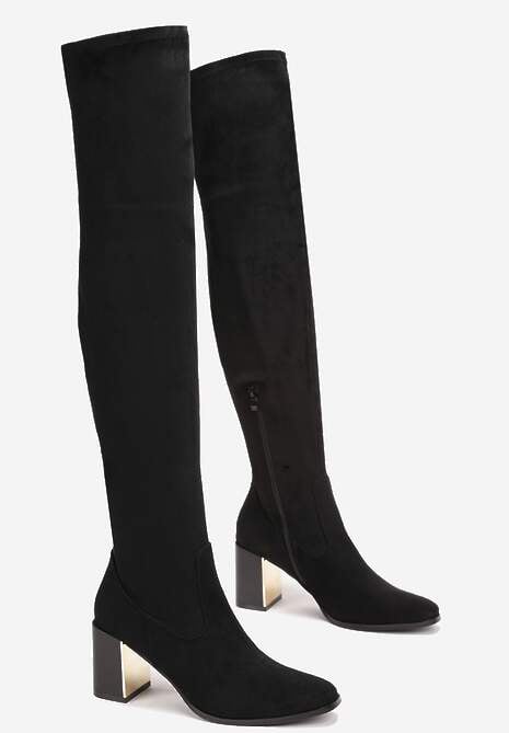 Czarne Długie Kozaki za Kolano z Imitacji Zamszu na Metalicznym Obcasie Terephne