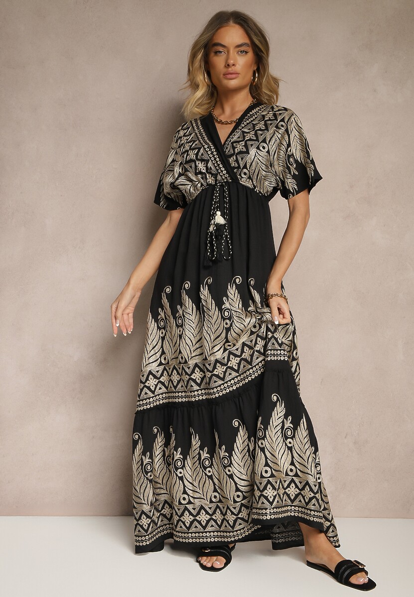 Jasnobeżowa Wiskozowa Sukienka Kopertowym Dekoltem i Frędzlami Redevie