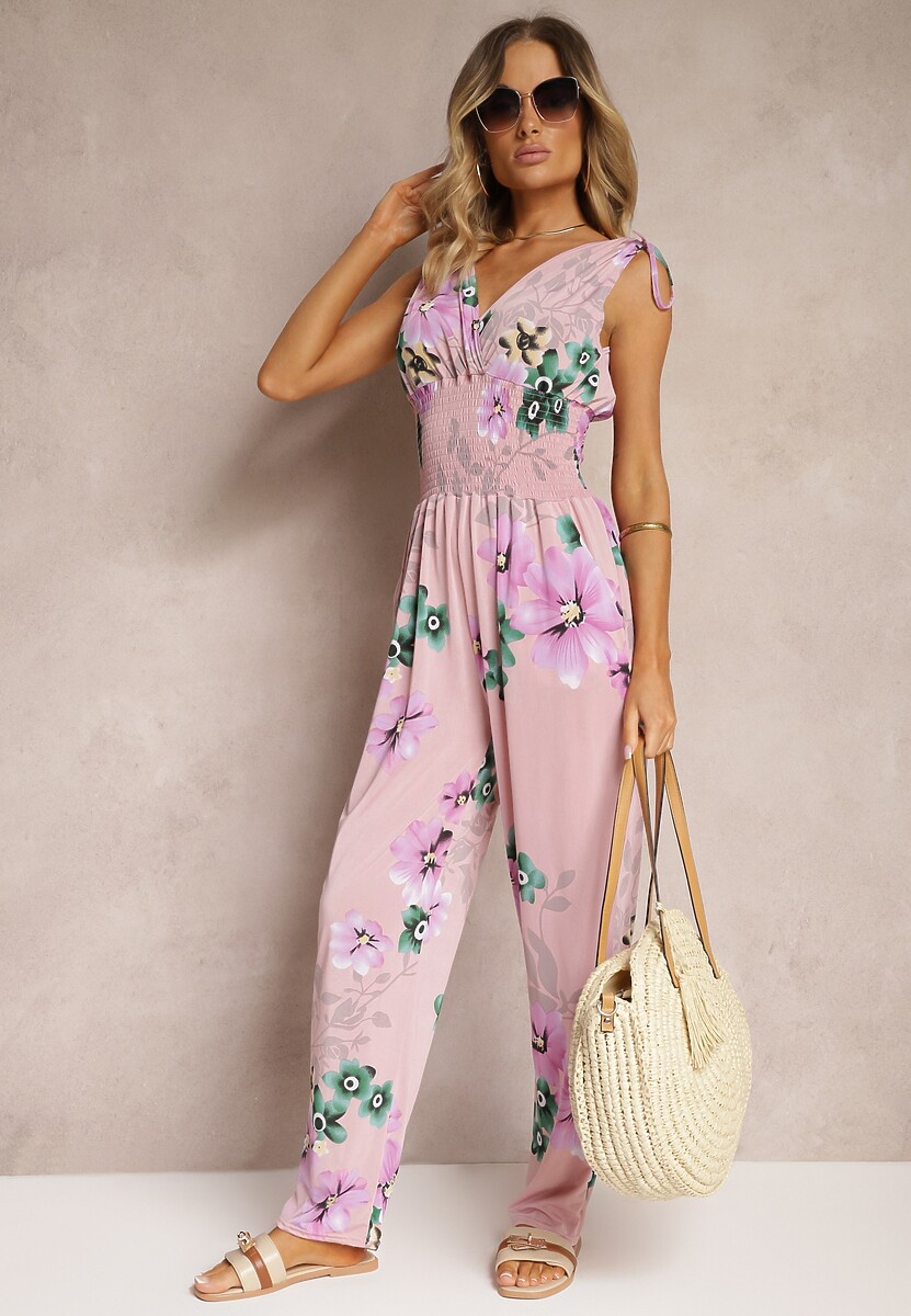 Jasnoróżowy Kombinezon z Ściągaczami na Ramionach w Kwiatowy Wzór Almora