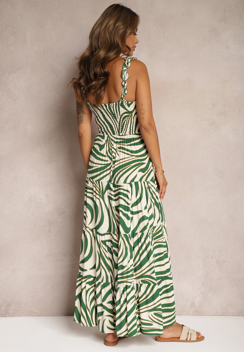 Zielono-Beżowa Sukienka z Wiskozy na Ramiączkach o Rozkloszowanym Kroju Odcinana pod Biustem Mezorea