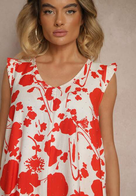 Czerwona Sukienka z Lnem o Pudełkowym Kroju Bez Rękawów z Cyrkoniami Nidellis