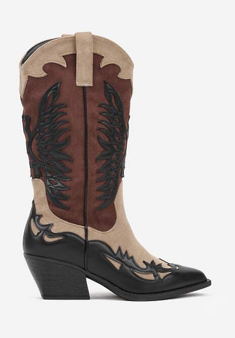 Czarne Botki Kowbojki na Stożku z Tłoczoną Cholewką Badilora
