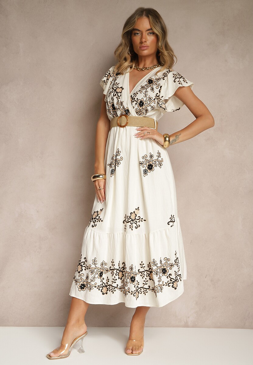 Biało-Czarna Kopertowa Sukienka z Wiskozy Ozdobiona Haftem i Paskiem Nilatea