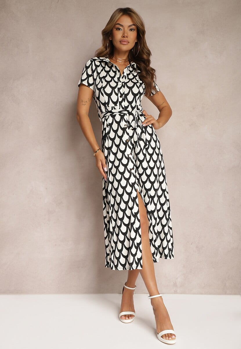 Czarno-Beżowa Sukienka o Koszulowym Kroju z Paskiem w Talii Wranea