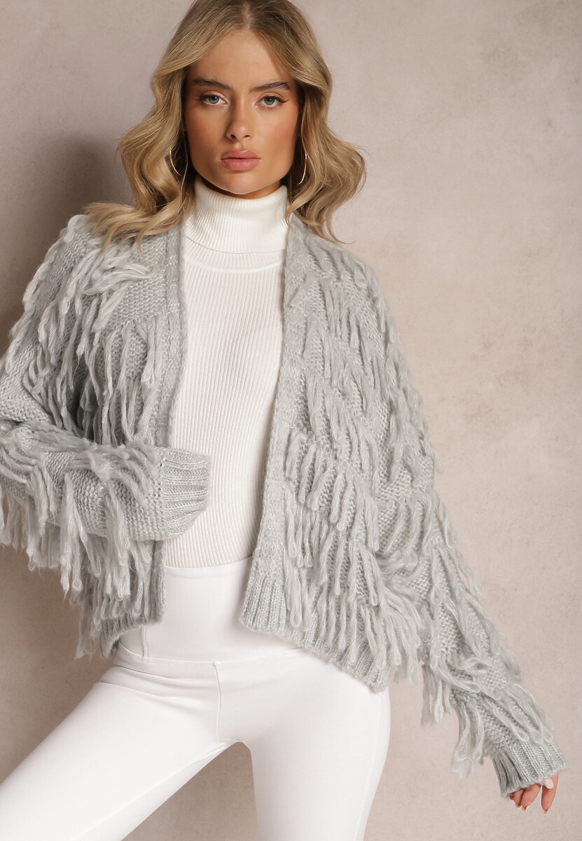 Szary Niezapinany Kardigan z Frędzlami Segentri