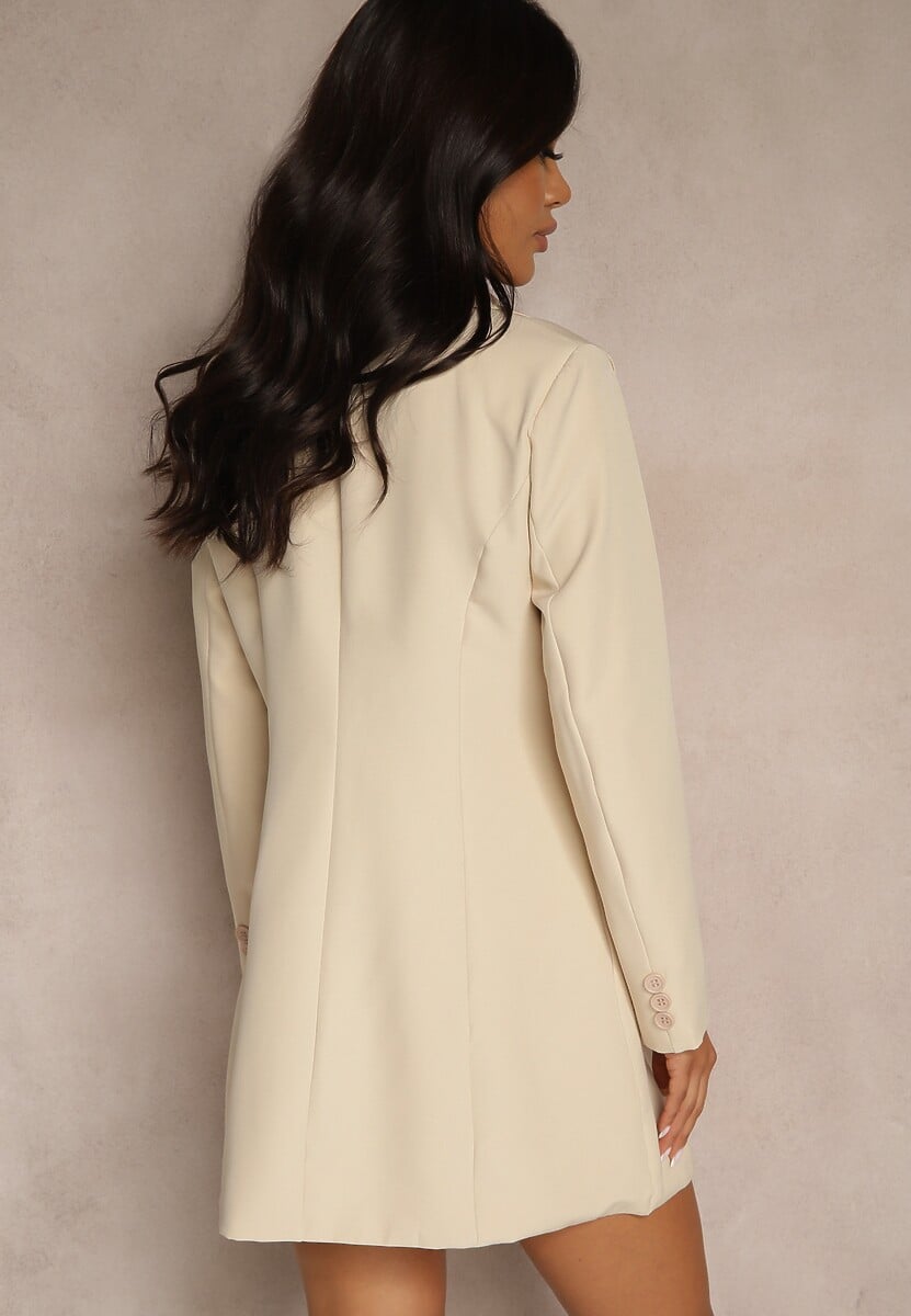 Beżowa Marynarka Sukienka z Aplikacjami 3D w Kształcie Kwiatów i Zapięciem na Guziki Lorira