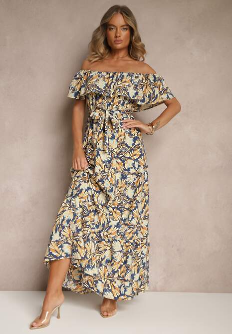 Granatowa Kwiatowa Sukienka Typu Hiszpanka z Bawełną Tiarice