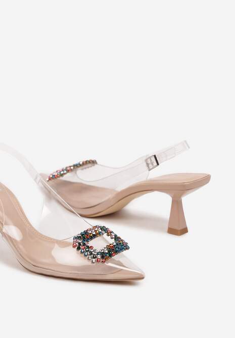 Ciemnobeżowe Przezroczyste Sandały na Kaczuszce Ozdobione Cyrkoniami Nalavithe