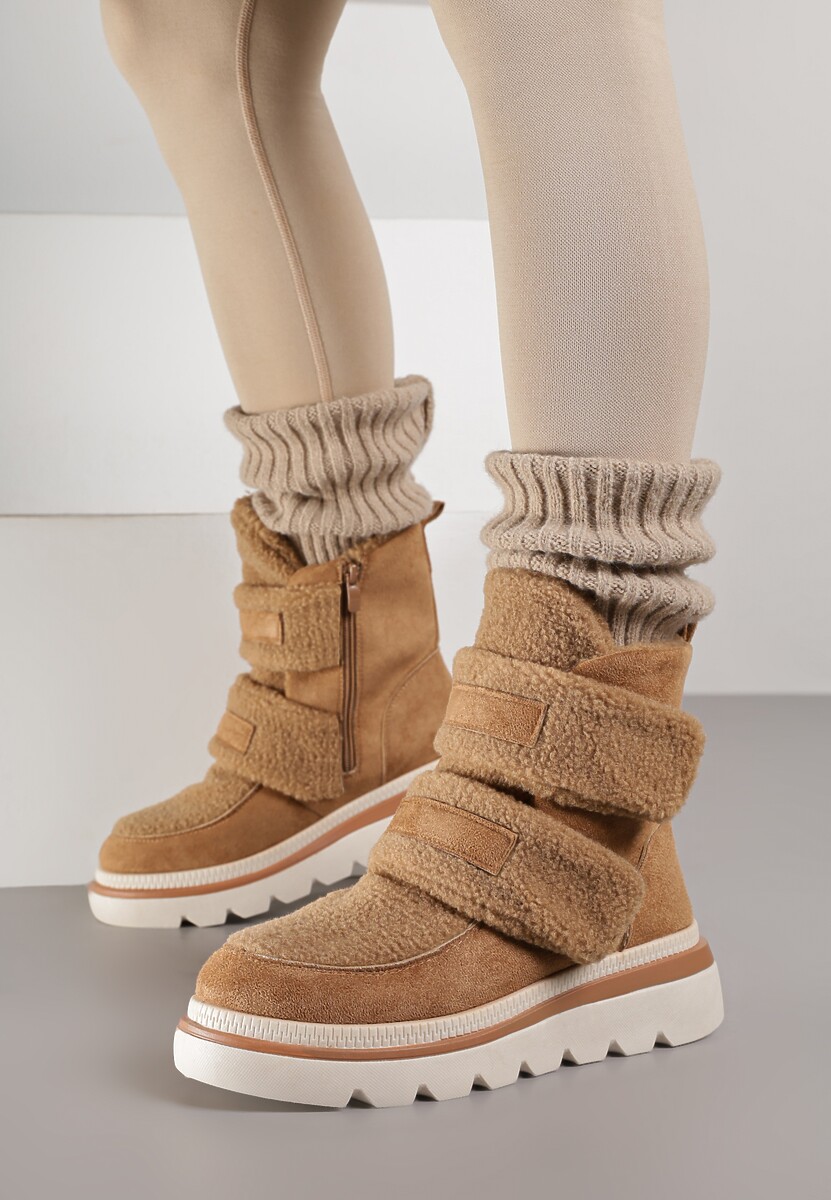 Brązowe Botki Typu Śniegowce na Platformie z Dwoma Ozdobnymi Rzepami Edarlia