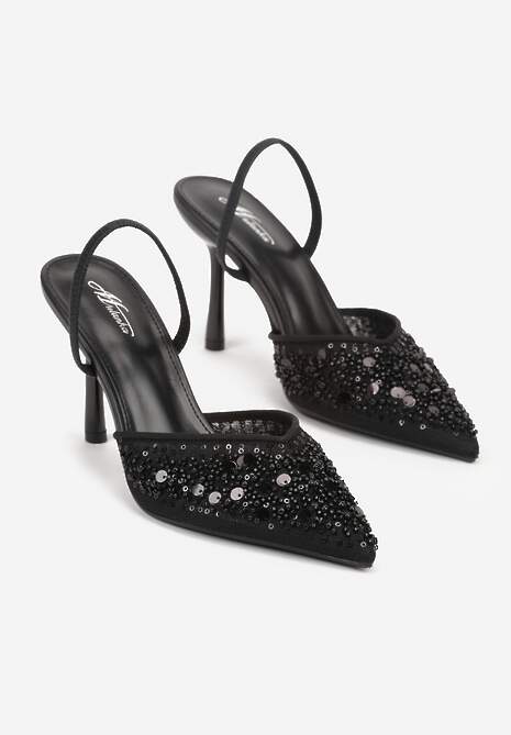 Czarne Szpilki Slingback Zdobione Perełkami i Cekinami Irifera