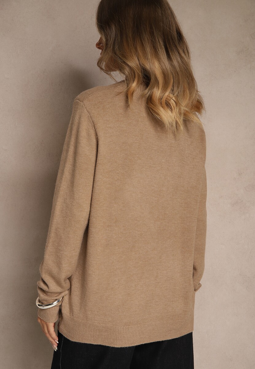Ciemnobeżowy Klasyczny Sweter z Wełną i Bawełną Bez Zdobień Neandia