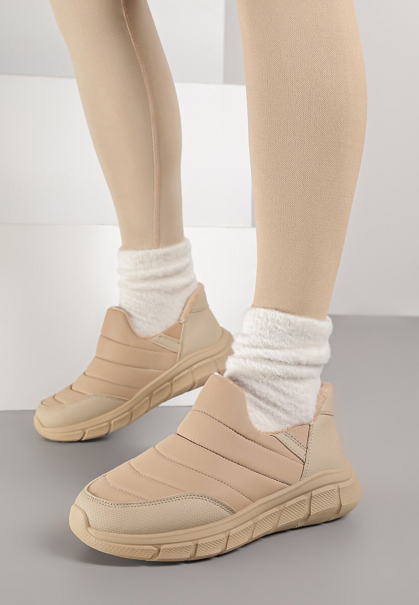 Ciemnobeżowe Sneakersy Śniegowce na Platformie z Tłoczeniem i Pikowaną Cholewką Vermina