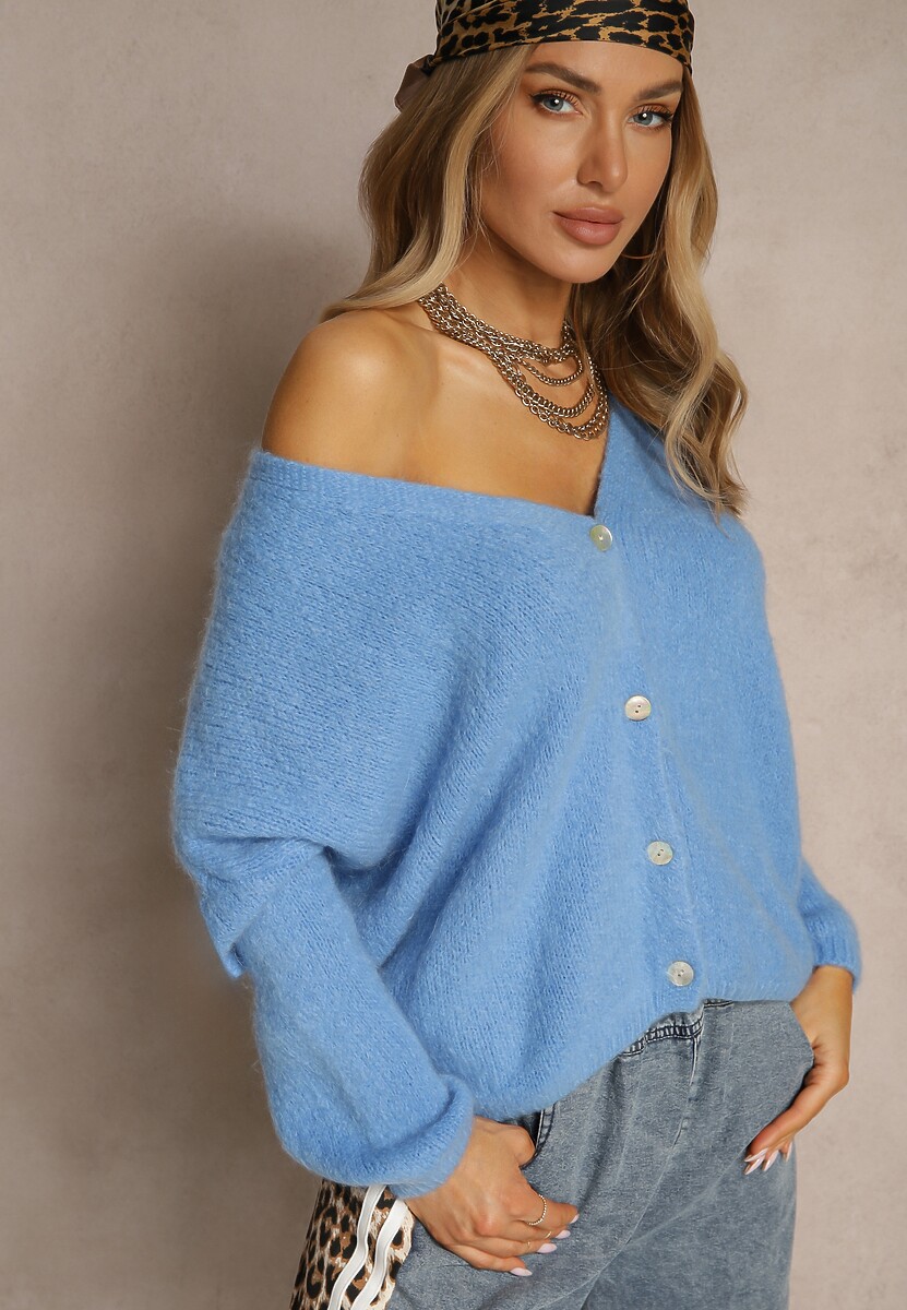 Niebieski Kardigan z Wełną i Moherem o Klasycznym Kroju z Dekoltem w Serek Avelmio