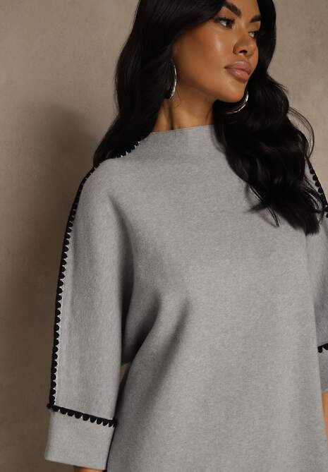 Szary Sweter Ozdobiony Lamówką na Rękawach Tusenna