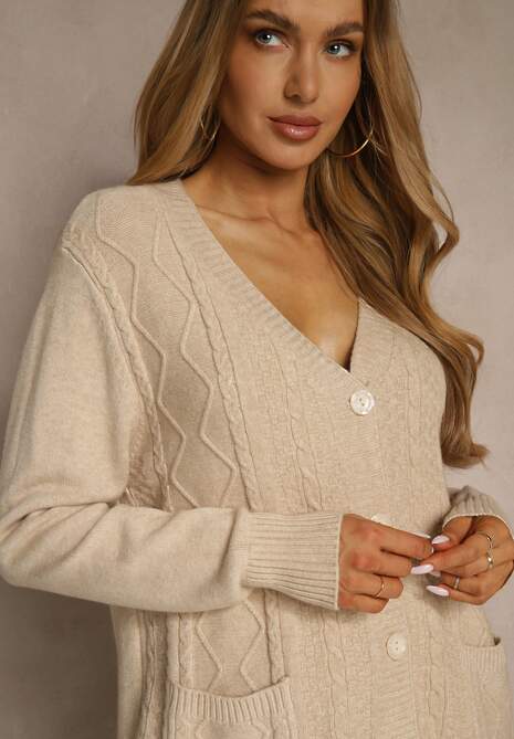 Jasnobeżowy Kardigan z Bawełną i Tłoczonym Wzorem Reisina