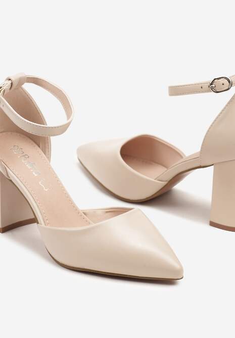 Jasnobeżowe Czółenka na Obcasie ze Skórzaną Wkładką i Paskiem Wokół Kostki Veliona
