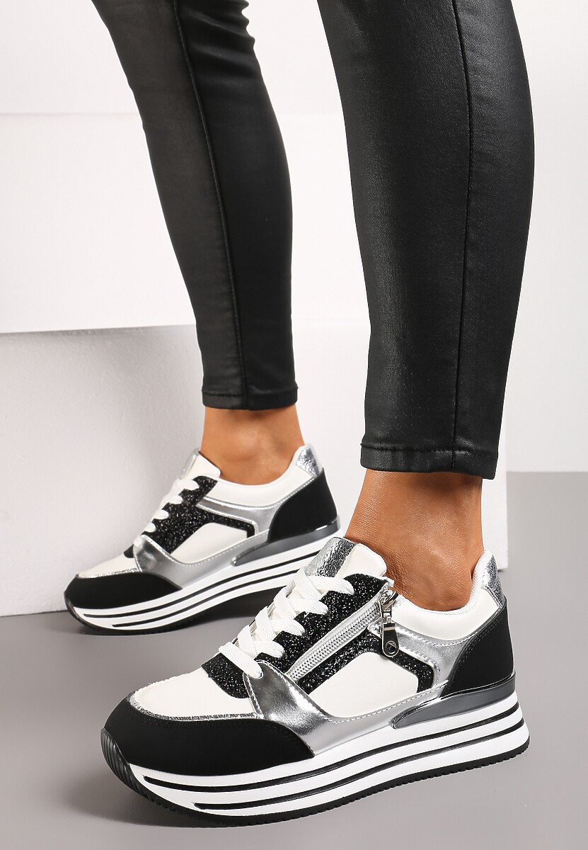 Czarne Sneakersy z Metalicznymi Wstawkami i Brokatem na Grubej Podeszwie Anova