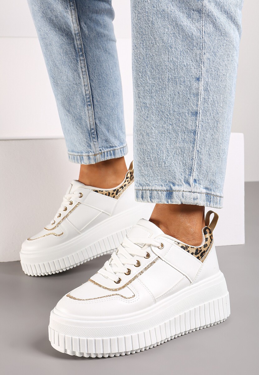 Biało-Brązowe Sznurowane Sneakersy na Platformie Ozdobione Panterką Ivenora